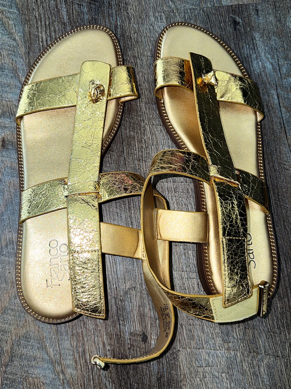 Franco Sarto Metallic Gold Cracked-Leather Slide Sandals
